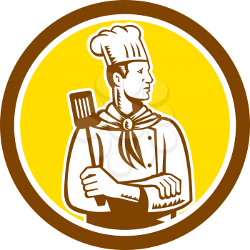 Illustration of a chef cook baker holding spatula facing side view set inside circle done in retro style on isolated background. 