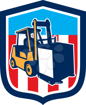 Illustration of a forklift truck and driver at work lifting handling box crate done in retro style inside shield crest shape.