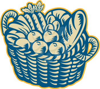 Illustration of a wicker basket full of crop harvest field with festive fruits, vegetables and bread on isolated white background done in retro woodcut style.