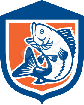 Illustration of a largemouth bass fish jumping viewed from the side set inside a shield crest done in retro style.