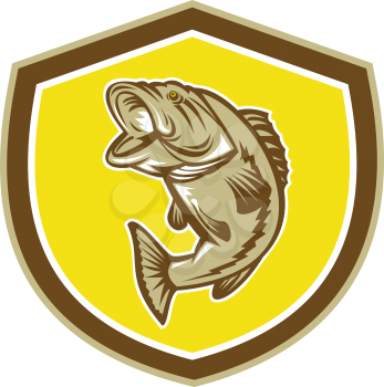 Illustration of a largemouth bass fish jumping inside a shield crest done in retro style.