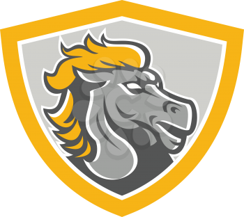 Illustration of a grey bronco horse head set inside shield crest on isolated white background done in retro style.