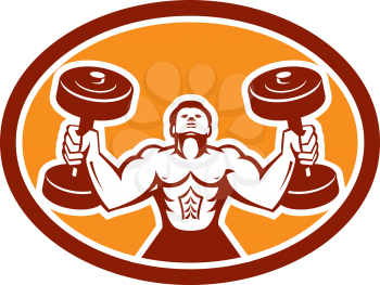 Illustration of a man lifting dumbbell weights physical fitness training set inside circle on isolated background done in retro style.