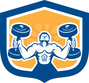 Illustration of a man lifting dumbbell weights physical fitness training set inside shield crest on isolated background done in retro style.