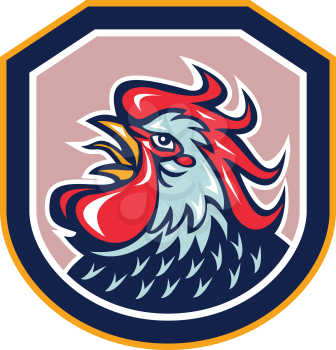 Illustration of a rooster cockerel head crowing facing side set inside shield crest shape done in retro style on isolated background.