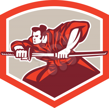 Illustration of a Samurai warrior drawing katana sword in fighting stance viewed from side set inside shield crest shape done in retro style on isolated background.