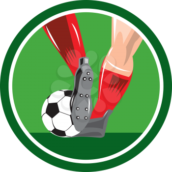 Illustration of a leg foot kicking a soccer ball set inside circle done in retro style.