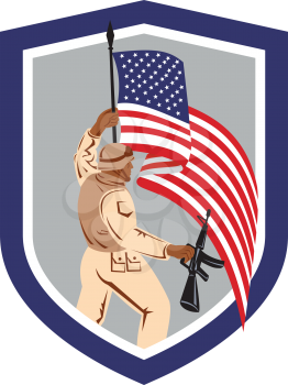 Illustration of an American soldier serviceman holding american flag with assault rifle facing side set inside shield crest on isolated white background.