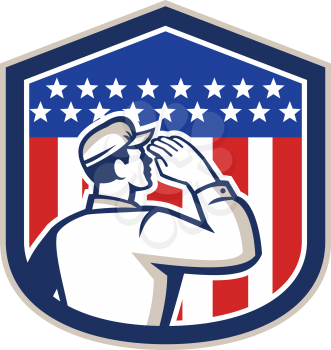 Illustration of an American soldier serviceman saluting USA stars and stripes flag viewed from rear set inside shield crest shape done in retro style.