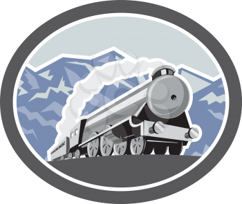 Illustration of a steam train locomotive traveling with mountains in background viewed from front set inside oval shape done in retro style.