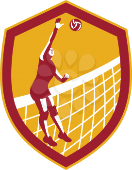Illustration of a volleyball player spiker spike spiking hitting ball with net set inside crest shield done in retro style on isolated background.