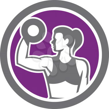 Illustration of a woman lifting dumbbell weights with one hand looking to the side set inside circle on isolated background done in retro style.