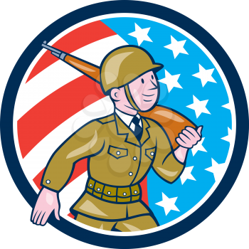 Illustration of a World War two American soldier serviceman marching with assault rifle viewed from side set inside circle with American Stars and stripes flag in the background done in cartoon style.