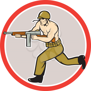 Illustration of a World War two American soldier serviceman running with tommy thompson sub-machine gunon isolated white background  done in cartoon style.