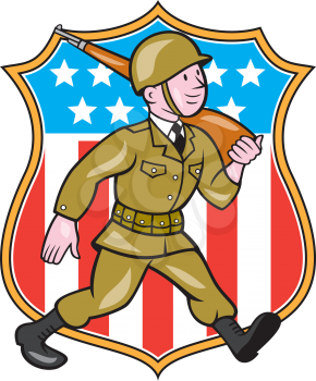 Illustration of a World War two American soldier serviceman marching with assault rifle viewed from side set inside shield with American Stars and stripes flag in the background done in cartoon style.