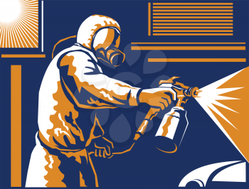 Vector illustration of a spray painter spraying paint with air-pressurized spray gun done in the retro style of the 1930s.