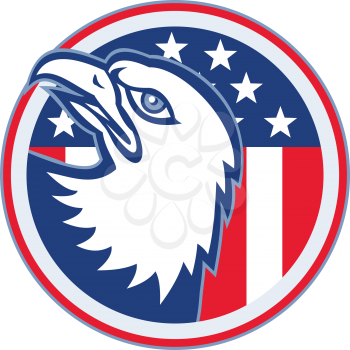 vector illustration of a bald eagle head looking up with american stars stripes flag set inside circle on isolated white background.