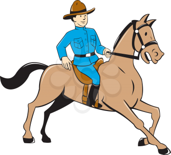 Illustration of a mounted policeman police officer riding a horse on isolated background done in cartoon style.