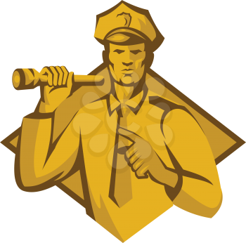 vector illustration of a policeman police officer holding a flashlight torch pointing facing front set inside diamond shape done in retro style.