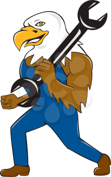 Illustration of a american bald eagle mechanic standing smiling holding wrench on shoulder viewed from side set on isolated background done in cartoon style. 