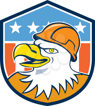 Illustration of a bald eagle construction worker head with hardhat viewed from side set inside shield crest with usa american flag in the background done in cartoon style. 