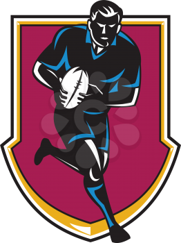 vector illustration of a rugby player running passing ball with shield in white background done in retro style
