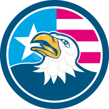 Illustration of an american bald eagle head looking up viewed from the side with american stars and stripes flag in the background set inside circle done in cartoon style. 