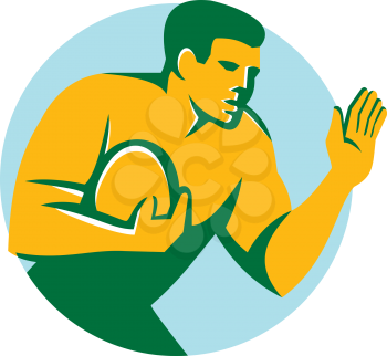 Illustration of rugby union player with ball fending hand out set inside circle on isolated background done in retro style. 