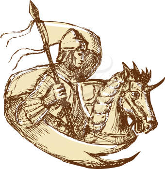 Drawing illustration of knight in full armor riding horse steed holding flag viewed from the side set on isolated white background. 