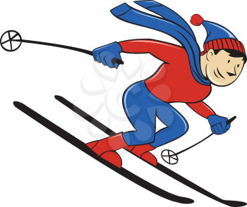 Cartoon style illustration of a skier skiing viewed from side set on isolated white background. 