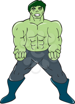 Illustration of a green man facing front clenching fist with legs wide set on isolated white background done in cartoon style.