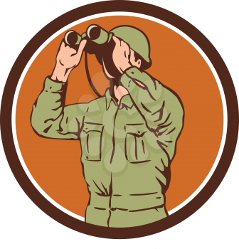 Illustration of a World War One American soldier serviceman looking through the binoculars set inside circle on isolated background done in retro style. 
