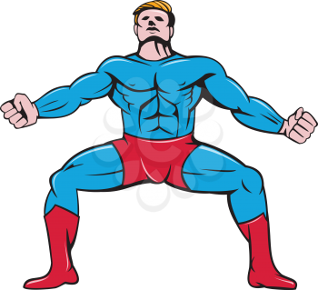 Illustration of a superhero in a squat position with arms out looking up viewed from front set on isolated white background done in cartoon style. 