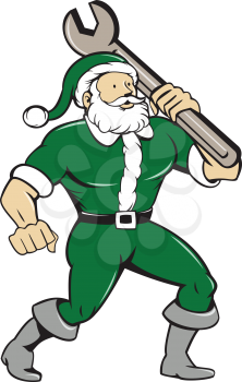 Illustration of santa claus saint nicholas father christmas mechanic standing carrying spanner wrench looking to the side set on isolated white background done in cartoon style. 