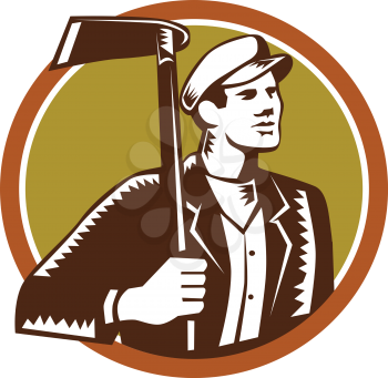 Illustration of male gardener landscaper horticulturist holding grub hoe looking to the side set inside circle on isolated background done in retro woodcut style. 
