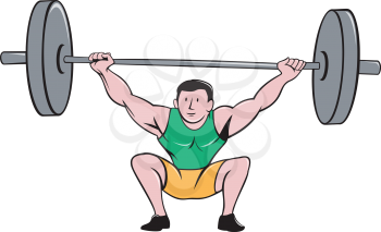 Illustration of a weightlifter deadlift lifting weights viewed from front set on isolated white background done in cartoon style.