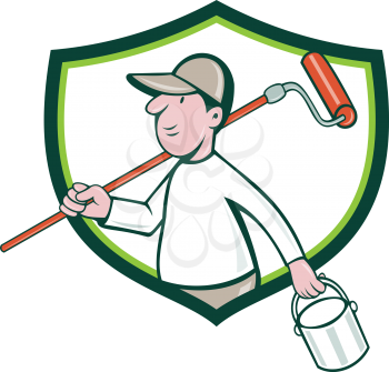 Illustration of a house painter handyman holding paintroller on shoulder and paint can on the other hand viewed from the side set inside shield crest on isolated background done in cartoon style.