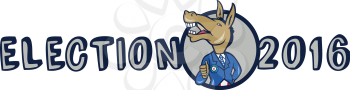 Illustration of a democrat donkey mascot of the democratic grand old party gop looking to the side showing thumbs up with American stars and stripes flag suit done in cartoon style with words Election