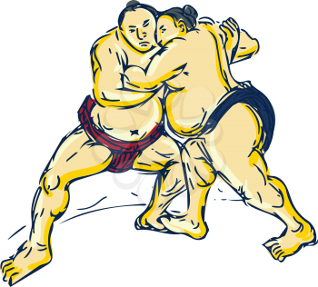 Drawing sketch style illustration of a Japanese sumo wrestlers wrestling facing front set on isolated white background.