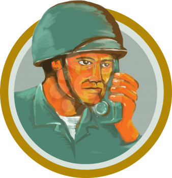 Watercolor style illustration of an american soldier serviceman military calling on radio set inside circle on isolated background. 