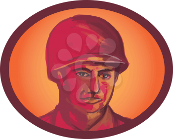 Illustration of a World War two American soldier serviceman head facing front set inside oval shape on isolated background. 