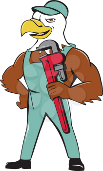 Illustration of an american bald eagle plumber wearing hat holding monkey wrench looking to the side set on isolated background done in cartoon style. 