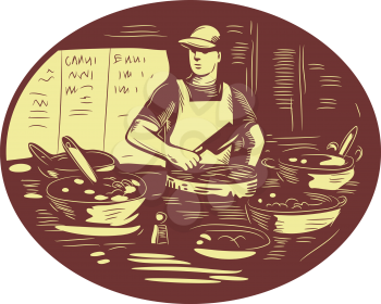 Illustration of a Taco chef cook wearing hat and apron holding meat cleaver knife in market food stall with pots set inside oval shape done in retro style.