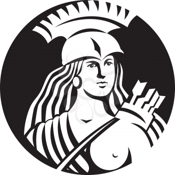 Black and white illustration of a bust of female warrior with spartan helmet with arrows slung over shoulder viewed from front set inside circle.