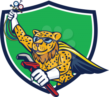 Illustration of a caped superhero leopard refrigeration and air conditioning mechanic holding a pressure temperature gauge and a wrench flying set inside crest shield done in cartoon style. 