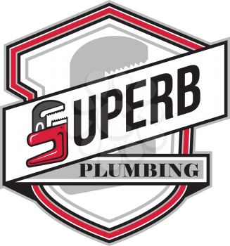 Illustration showing a plumber monkey wrench shaped in the form of letter S with words Super Plumbing set inside crest shield done in retro style. 