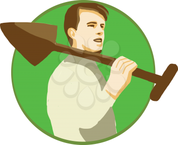 Illustration of a male gardener landscaper horticulturist holding shovel spade on shoulder viewed from the side set inside circle on isolated background done in retro style. 