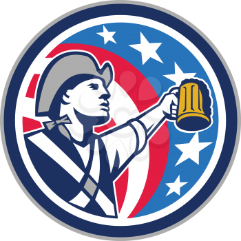Illustration of an american patriot raising up craft beer mug looking to the side set inside circle with usa stars and stripes flag in the background done in retro style. 