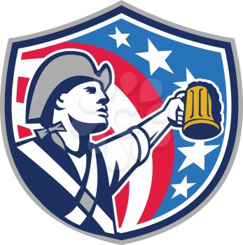 Illustration of an american patriot raising up craft beer mug looking to the side set inside shield crest with usa stars and stripes flag in the background done in retro style. 
