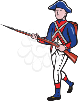 Illustration of an American revolutionary soldier minuteman serviceman military with rifle marching on isolated background done in cartoon style. 